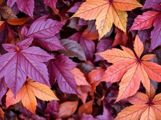 Dry orange metallic leaves forming a beautiful pattern on a vibrant violet background, orange, nature