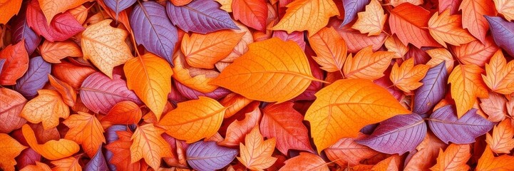 Obraz premium Dry orange metallic leaves with intricate patterns scattered on a vibrant violet background, texture, background, orange