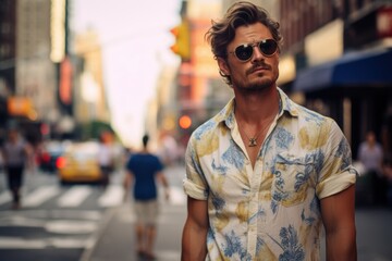 Fototapeta premium A man wearing a Hawaiian shirt and sunglasses stands on a city street