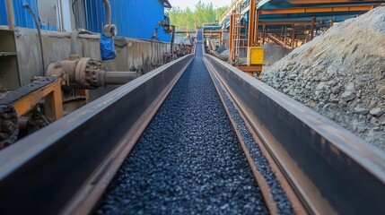 Modern conveyor system in a mineral processing plant, automated efficiency, close-up of machinery.
