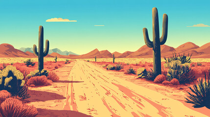 desert road stretching into the distance lined with cacti under a bright blue sky surrounded by arid terrain
