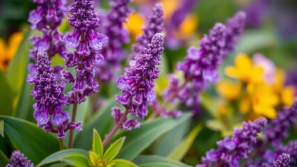 Fototapeta premium Close up of vibrant purple flower petals and delicate leaves, exotic, garden, intense