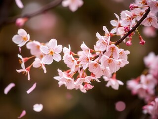 Fototapeta premium Pink sakura petals gently falling in the background, creating a soft and dreamy atmosphere, sakura, season, bloom