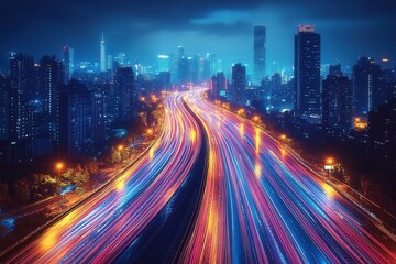 Obraz premium A vibrant cityscape at night with light trails from moving vehicles on a busy highway.