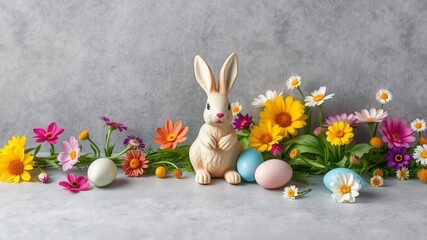 Obraz premium Easter eggs, bunny figurine, flowers on grey concrete background, figurine, holiday, rabbit