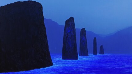 A Mysterious Blue Ocean Landscape featuring Majestic Monoliths and Tranquil Waters