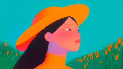 A thoughtful woman stands gracefully in a vibrant field, wearing a bright yellow hat