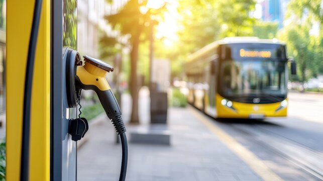An electric bus charging at a station in the city, promoting clean energy, sustainable transport, and urban innovation.
