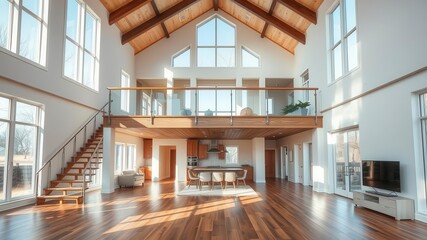 Obraz premium A diverse layout of a modern two-story home with open concept living spaces, hardwood floors, and large windows showcasing natural light, spacious, home