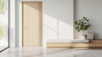 Simple modern entryway with white and soft oak accents. Featuring a clean, bright design with minimal decoration