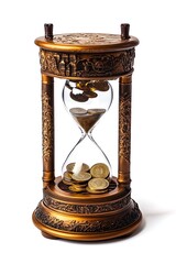golden hourglass with coins inside isolated on white background