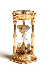 golden hourglass with coins inside isolated on white background