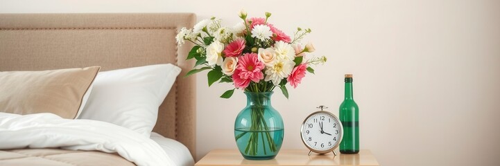 Fototapeta premium Bedroom interior with beige and emerald green bedding, stylish bottle vase with flowers on trendy nightstand with clock, interior, bedroom