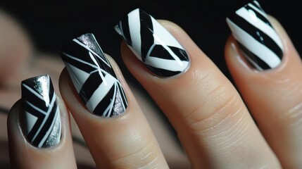 A close-up of stylish black and white nail art featuring geometric patterns.