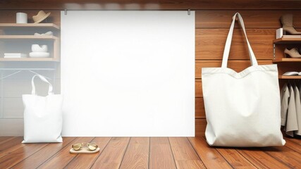 Canvas tote bag mockup on wooden surface with blank space for custom design, canvas, custom design