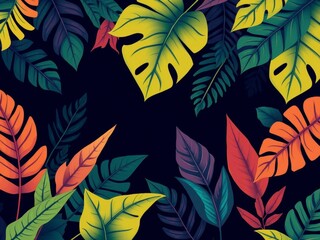 Fototapeta premium Dark pattern featuring exotic leaves in a variety of colors and shapes, creating a visually striking and mysterious vibe, artistic, foliage, pattern