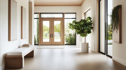 Fototapeta premium Simple modern entryway with white and warm oak accents. Featuring a clean, bright design with minimal decoration