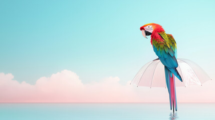 Tropical Parrot Sitting on Floating Umbrella Against Pastel Sky Background