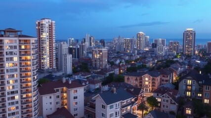 Naklejka premium A high-angle view of a modern luxury apartment unit highlighted among other condos in a bustling city, rooftops, exterior