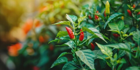 A close-up of vibrant red chili peppers growing on green plants in a lush garden.