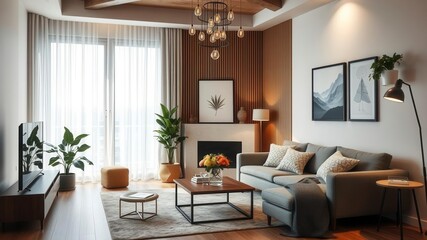 Modern living and dining room with black and white photos on grey wall, brown couch, and wooden table, contemporary, minimalistic