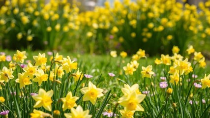 Obraz premium Bright yellow daffodil flowers covering a vast field under a clear blue sky, growth, meadow
