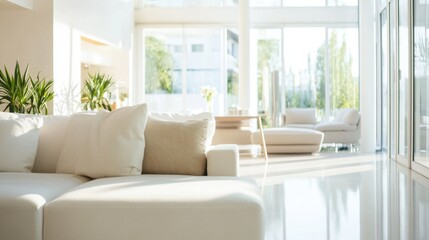 Fototapeta premium Simple modern living room with white and beige decor. Featuring a clean, bright design with minimal decoration