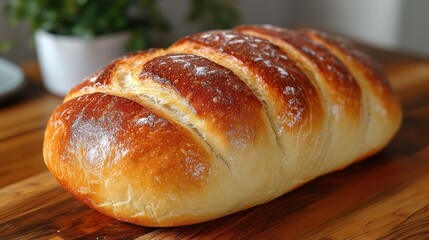A freshly baked loaf of bread with a golden crust and soft interior.