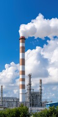 Obraz premium A large industrial plant with a tall smokestack. The sky is clear and blue. The clouds are white and fluffy