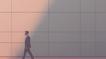 A Professional Man Walking Gracefully in an Urban Environment During a Beautiful Sunset