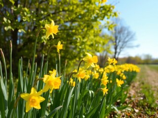 Field of bright yellow daffodil flowers with green stems and leaves on a sunny day, sunny, nature, leaves
