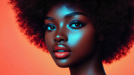 Fototapeta premium Artistic portrait of an afro woman with radiant skin, illuminated by blue and orange lights, emphasizing her beauty. Generated with AI.