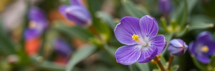 Purple flower with vibrant petals and delicate leaves, spring, close-up, petal