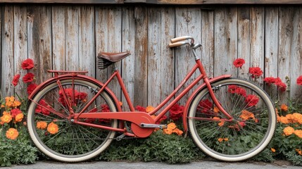 A vintage bicycle stands against a wooden wall, surrounded by vibrant flowers.