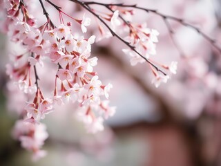 Pink sakura petals gently falling in a soft blur background, falling, beauty, cherry blossom