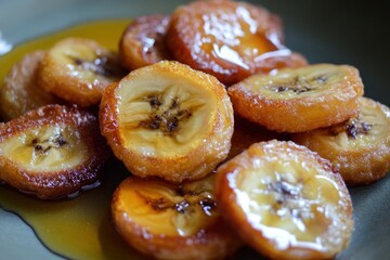 Close-up of caramelized banana slices on a plate, glistening with syrup.
