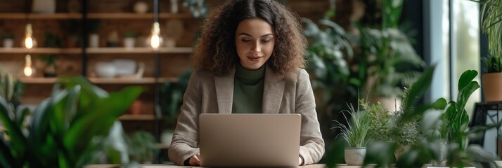 A woman is sitting at a desk with a laptop in front of her. She is smiling and she is enjoying her work. The room is filled with plants, creating a pleasant and relaxing atmosphere