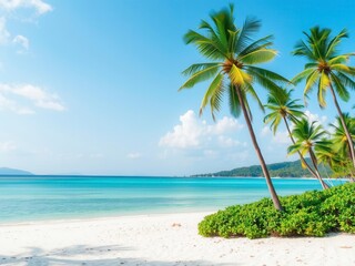 Fototapeta premium Serene tropical beach landscape with palm trees, crystal clear turquoise water, and golden sand, nature, peaceful, paradise