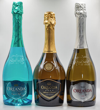 Oreanda brut sparkling wine bottles collection closeup.