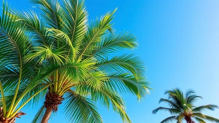 Tropical palm leaves in vibrant green hues against a clear blue sky, outdoor, lush, vibrant