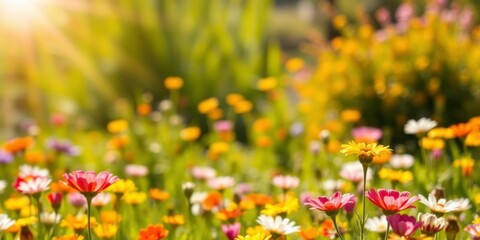 Vibrant yellow daffodil flowers swaying in a peaceful field under the sun, countryside, sunlight, sunny weather