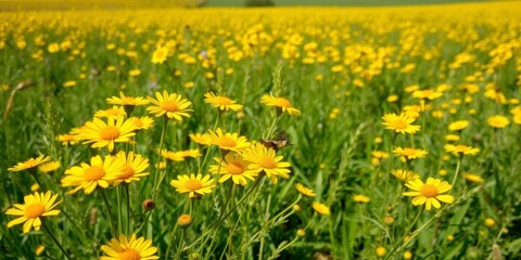 Obraz premium Vibrant yellow daffodil flowers swaying in a vast field under clear blue skies, picturesque, yellow, scenic