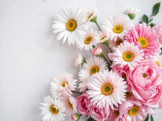Fototapeta premium Vintage style artificial flowers wall background with roses, peonies, and daisies in muted pastel colors, roses, flowers