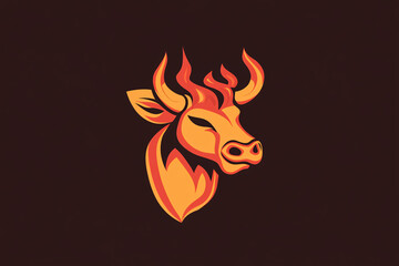a striking illustration of a fiery orange bull with flames surrounding its head on a dark brown background
