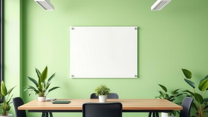 A mockup of a poster and flyer displayed on a blank wall with a wooden table and green plants in the background, wall, green, office