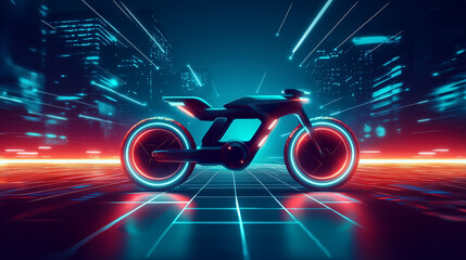 A sleek, dark electric motorcycle with neonlit wheels stands on a gridded, cyberpunkstyle street. Digital data streams surround it, conveying speed and futuristic technology.
