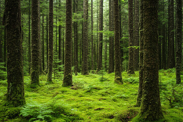 Obraz premium a lush green forest with tall moss-covered trees and a vibrant carpet of ferns in a serene natural environment 