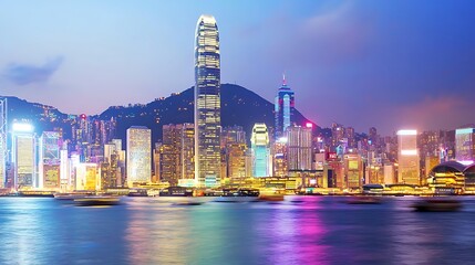 Fototapeta premium Vibrant Hong Kong skyline at twilight, illuminated skyscrapers and harbor.