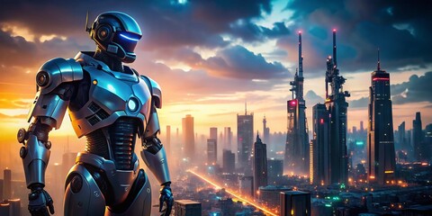Naklejka premium Futuristic Robot City Guardian: AI Generated Sci-Fi Artwork, Cyberpunk Cityscape, Giant Robot, Mechs, Technological Defense