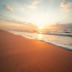 Fototapeta premium A photorealistic image of a beach at sunrise or sunset, showcasing warm golden hour lighting, soft diffused light highlighting the textures of the sand and water